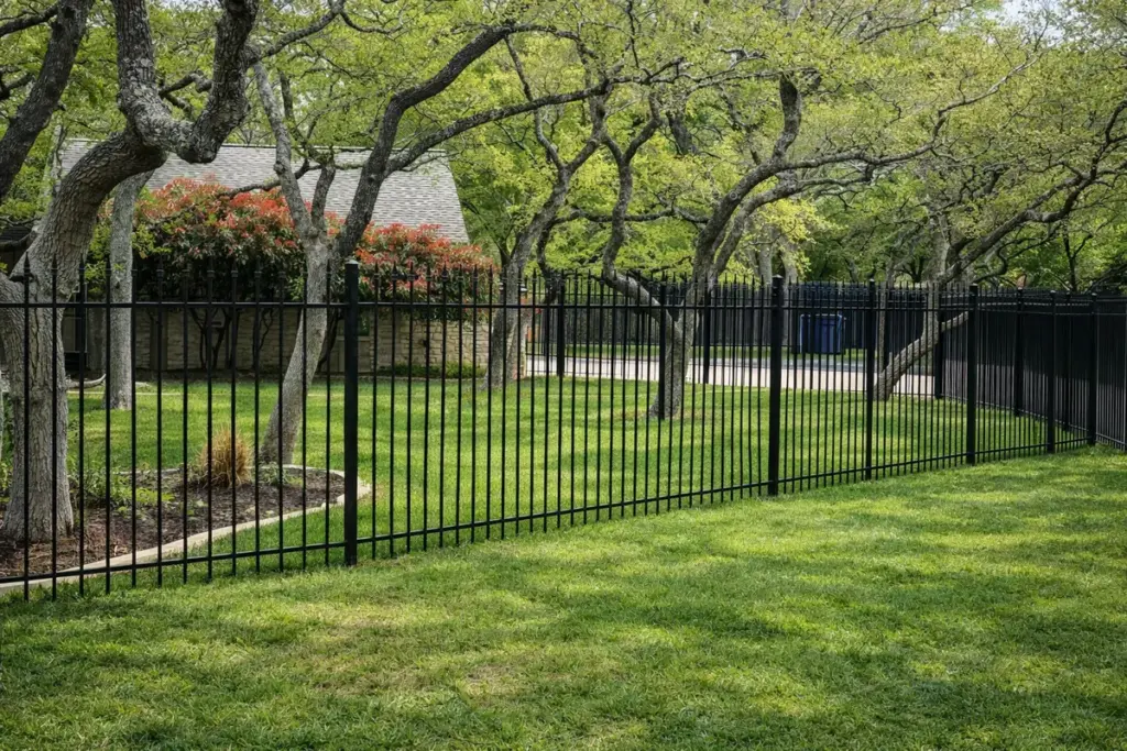 Black flat-top iron fence around a tree-shaded front lawn and landscape bed in an established neighborhood