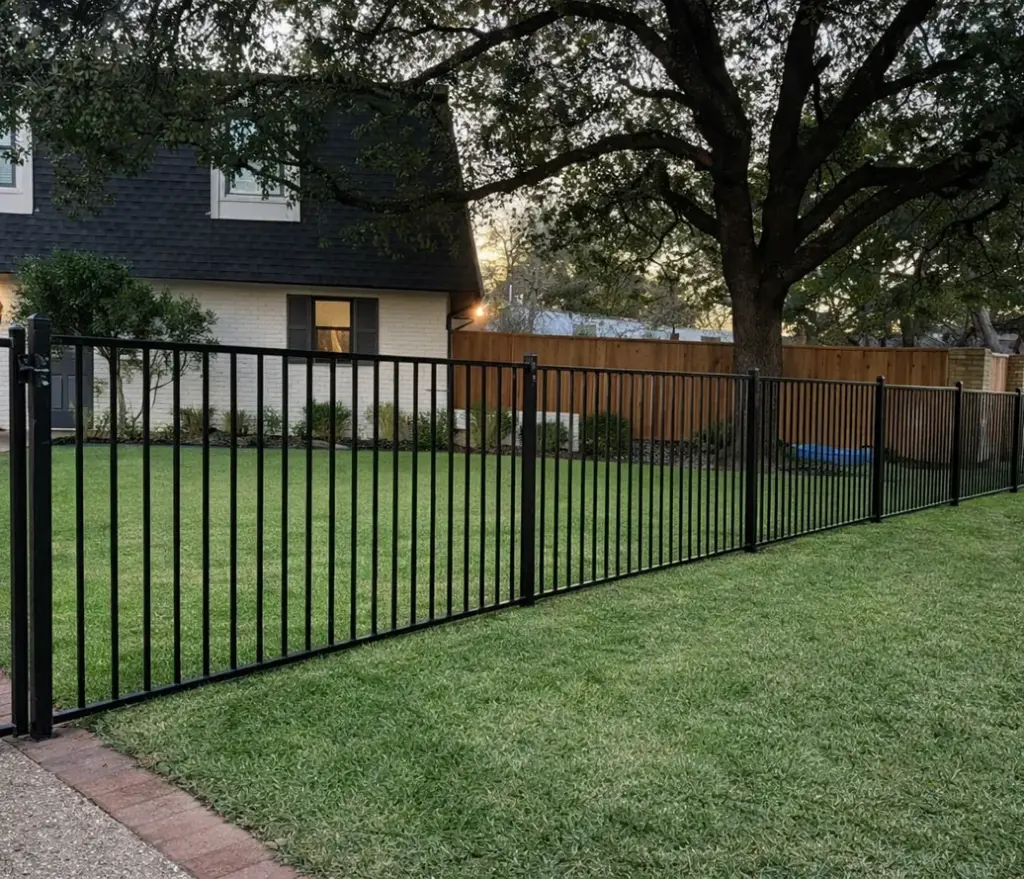 Black flat-top iron fence with a walk gate around a front yard under a large oak tree