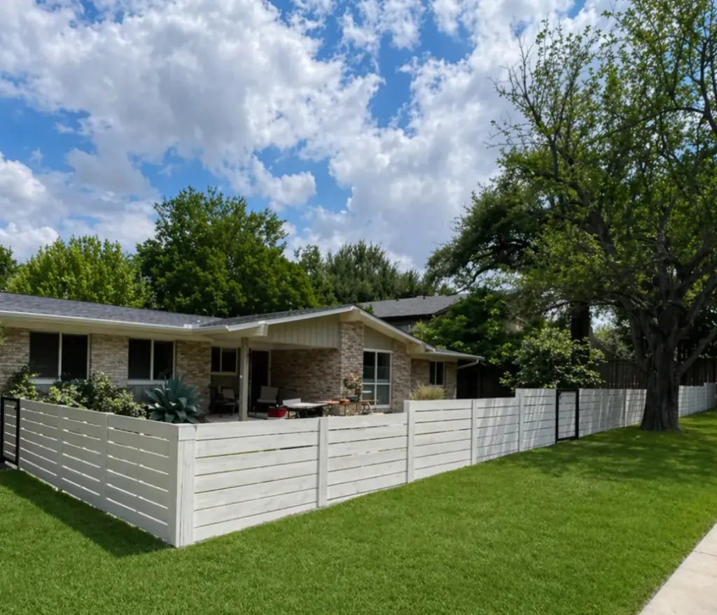 White-painted horizontal wood fence around the front yard of a ranch-style home