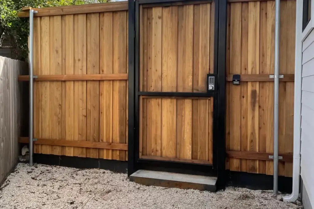 Cedar privacy fence with a black steel-framed walk gate over a gravel side yard